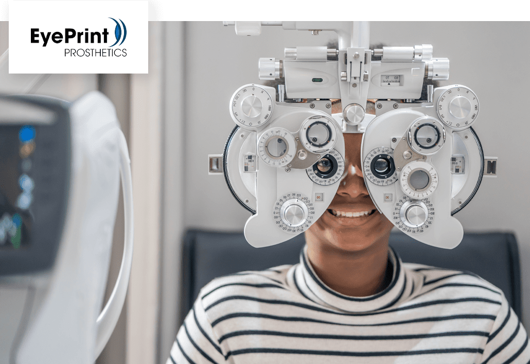 Eyeprint patient having vision tested - ophthalmoscope